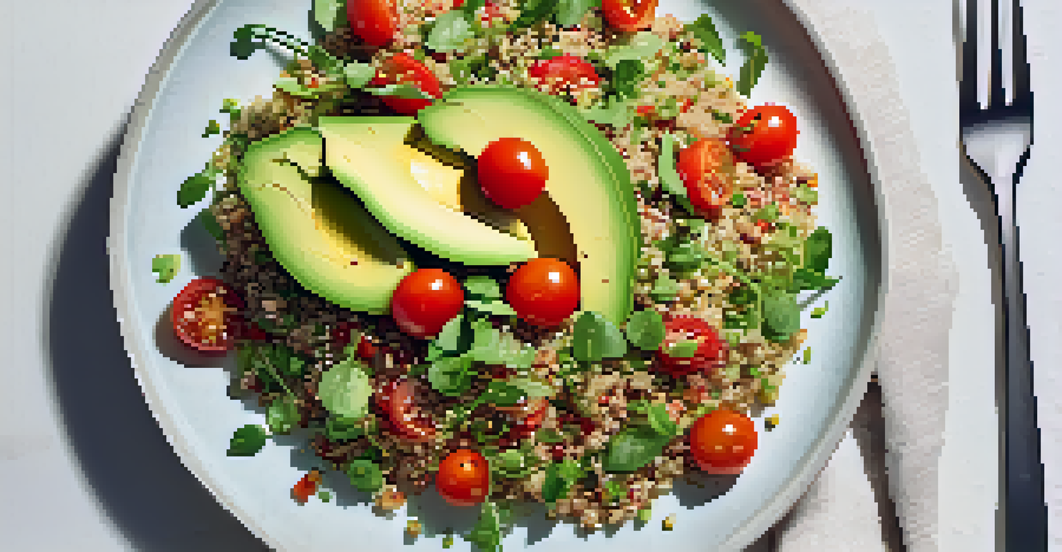 A quinoa salad with avocado and cherry tomatoes on a white plate, captured from above.