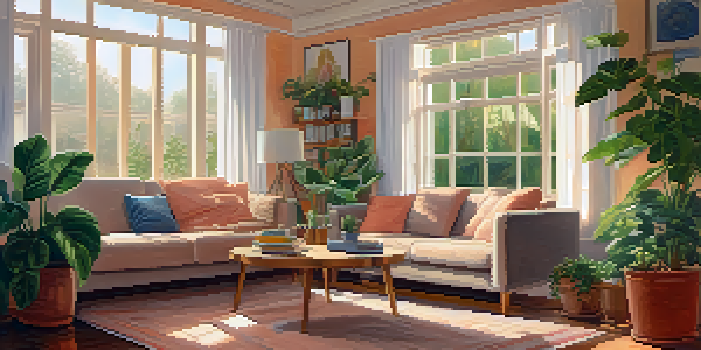 A cozy living room with a family sitting on a sofa, large windows letting in natural light, and an air purifier in the corner.