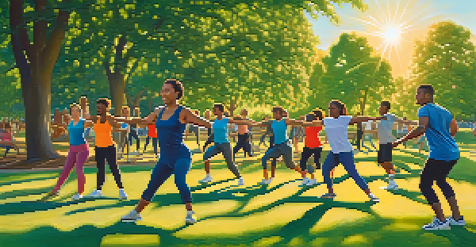 A group of diverse individuals warming up with dynamic stretches in a sunny park, surrounded by trees and a clear sky.