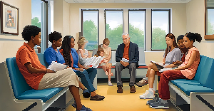 A diverse group of patients sitting in a welcoming waiting room.