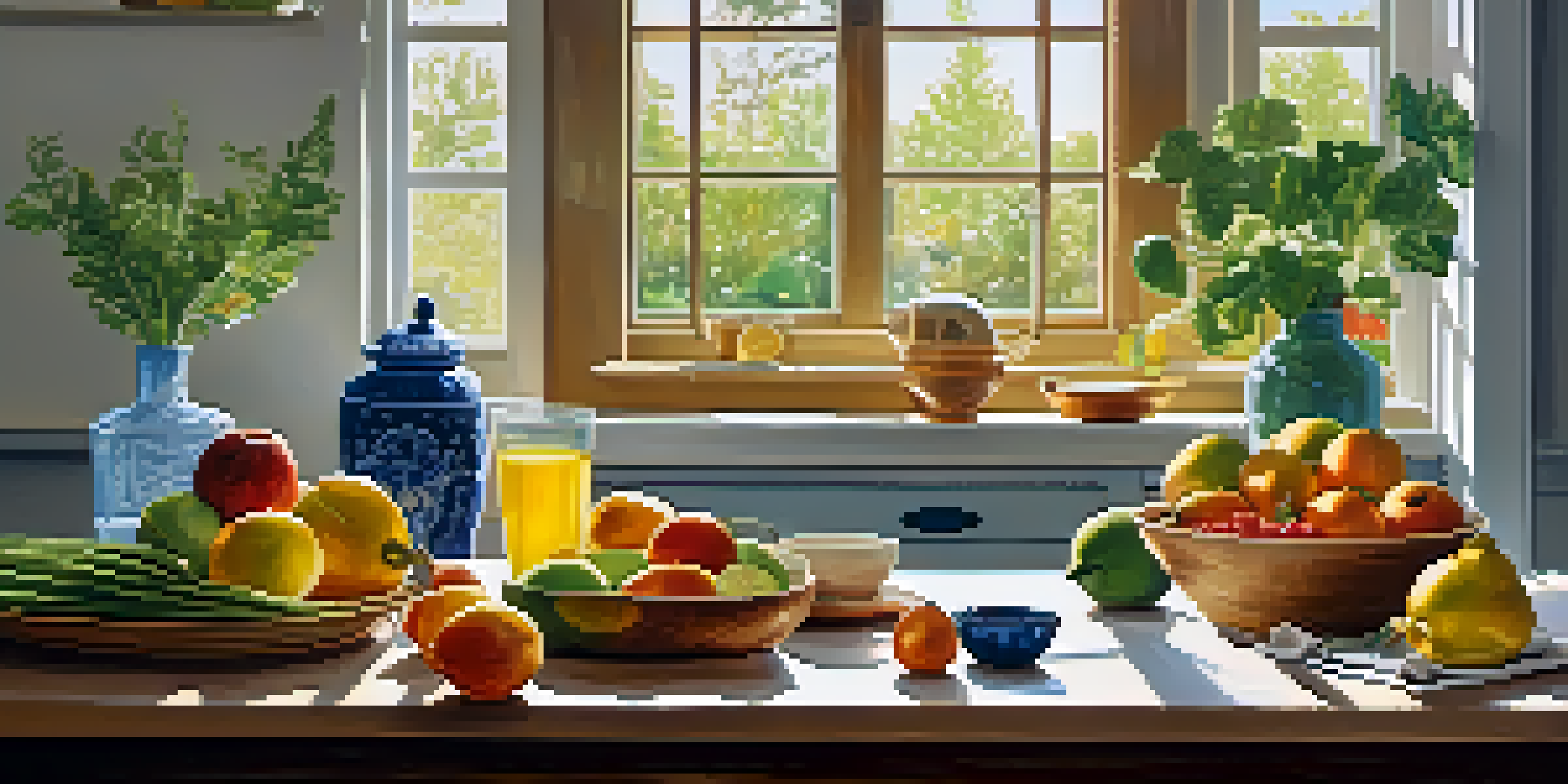 A bright kitchen with a wooden table displaying a variety of colorful fruits and vegetables, with sunlight illuminating the scene.