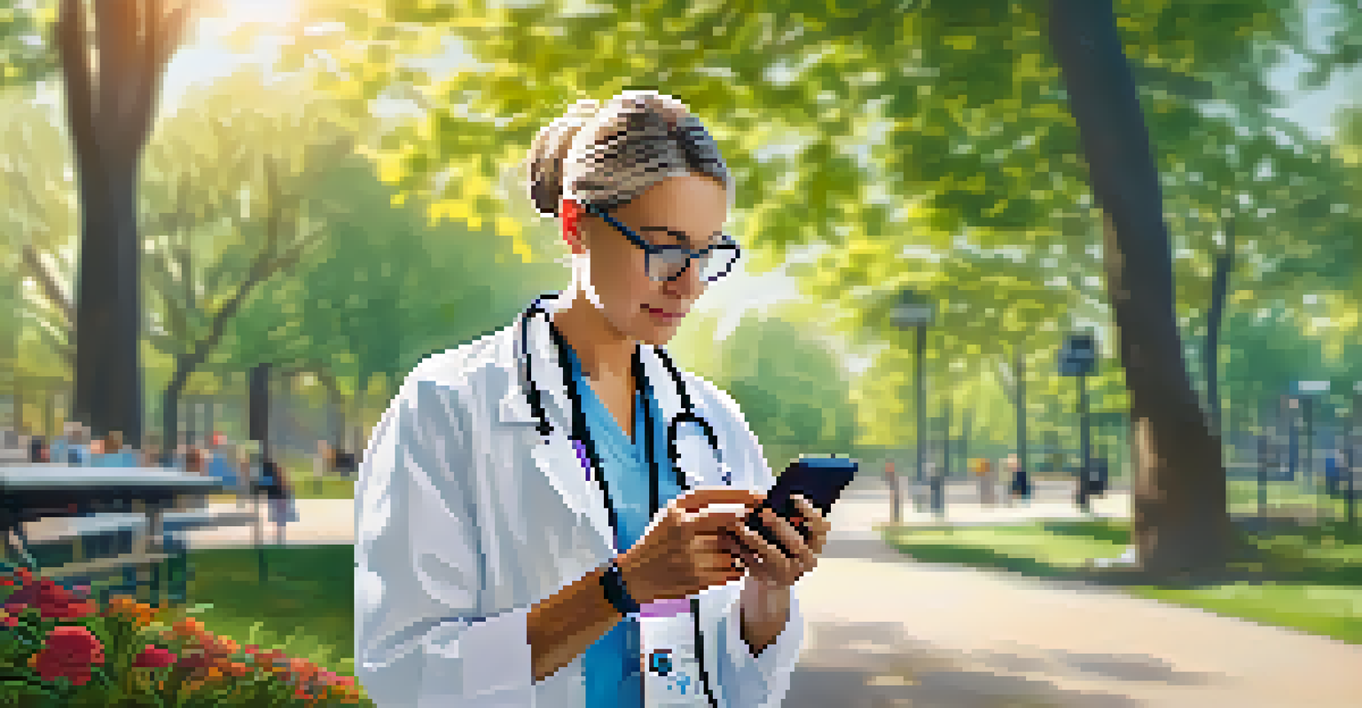 A patient in a park checking health data on a smartwatch.