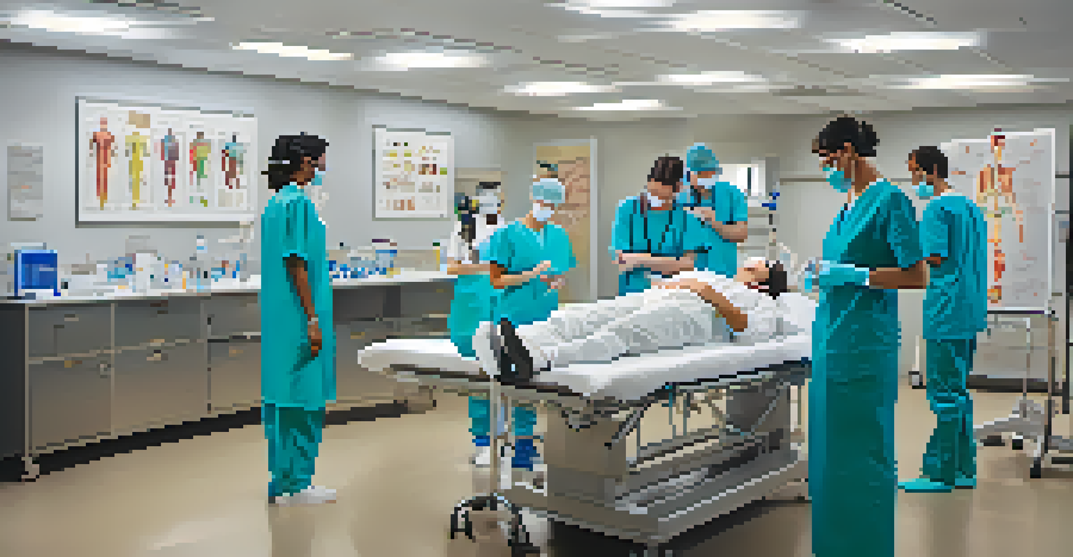 Medical professionals practicing emergency techniques on mannequins in a training session, with charts and equipment around them.