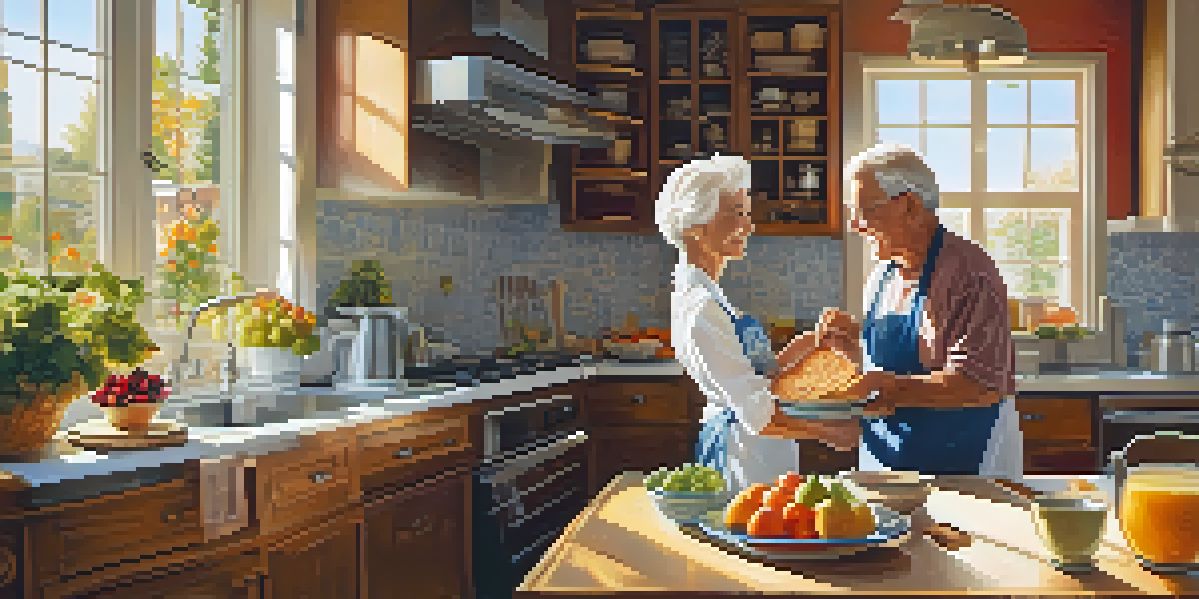 A senior couple happily preparing a healthy breakfast in a bright kitchen, surrounded by colorful fruits and wholesome ingredients.