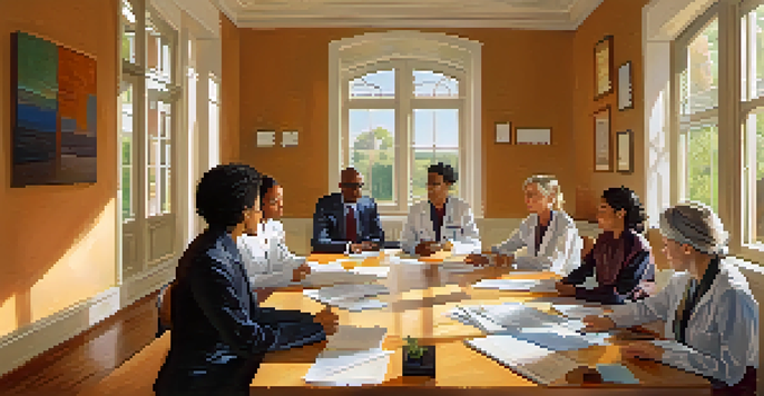 A diverse group of medical researchers and participants discussing a study in a bright, welcoming environment with natural light and informational materials.