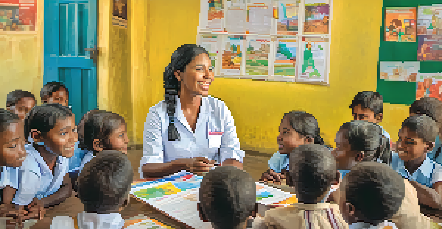 A community health worker teaching a group of children in a colorful classroom, focusing on nutrition and hygiene education.