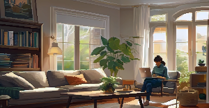 A person having a virtual consultation on a laptop in a cozy living room, with a cup of coffee on the table.