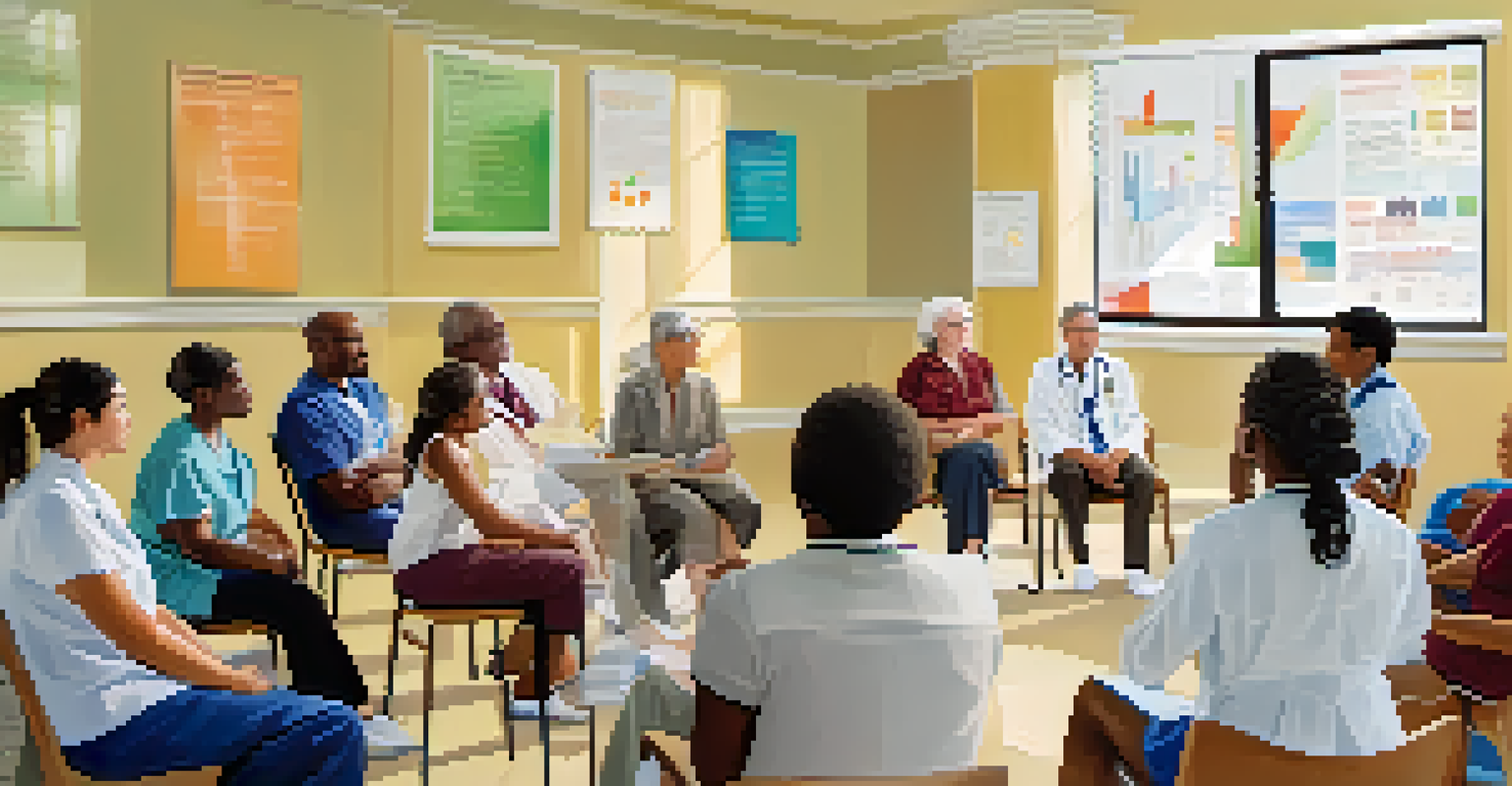 A healthcare professional leading a workshop on chronic disease management with a diverse group of engaged patients in a bright setting.