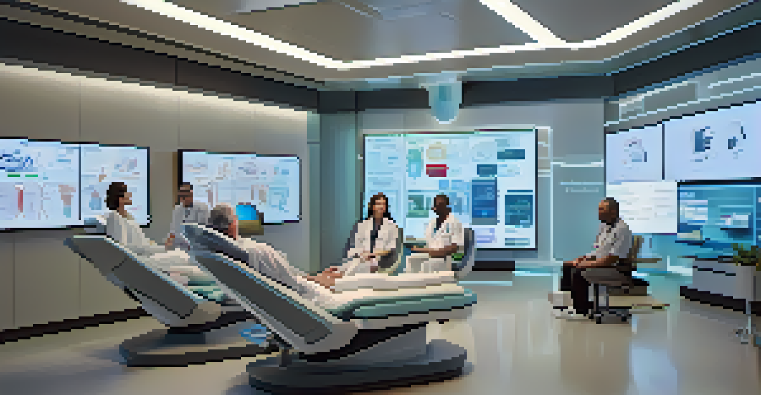 A modern clinical trial environment with diverse patients using digital health tools in a well-lit room.