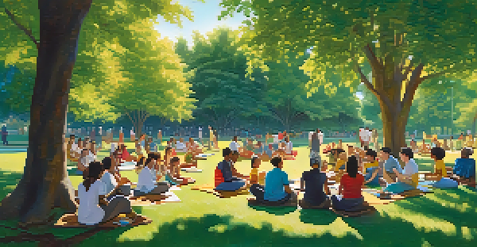 A group of people of different ages participating in a health workshop in a park, surrounded by greenery and colorful banners.