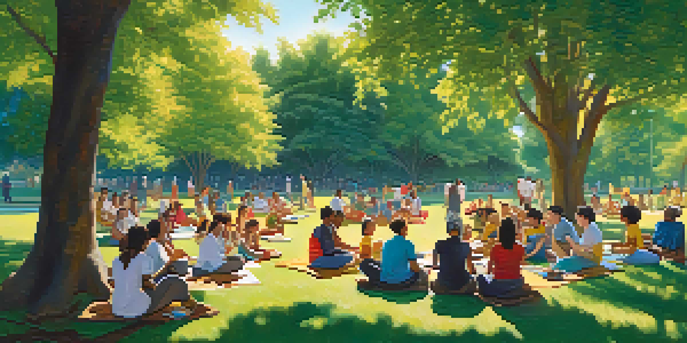A group of people of different ages participating in a health workshop in a park, surrounded by greenery and colorful banners.