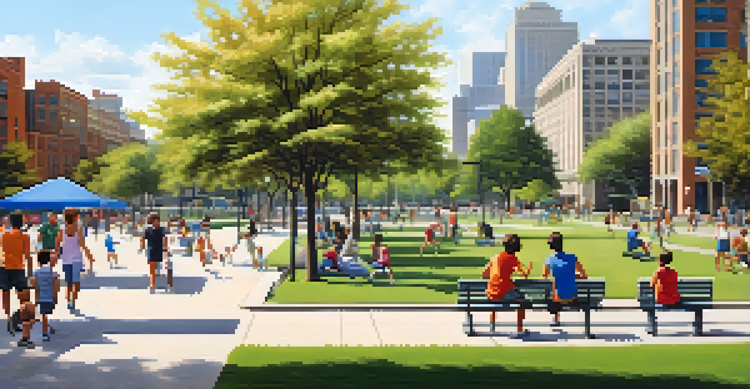 A lively urban park filled with people of different ages enjoying various activities.