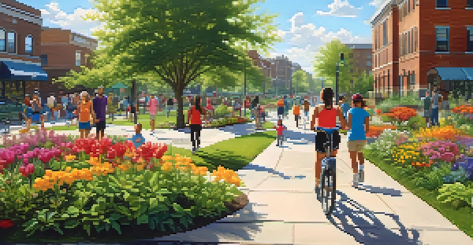 A lively urban neighborhood with parks and people engaging in outdoor activities under a clear blue sky.