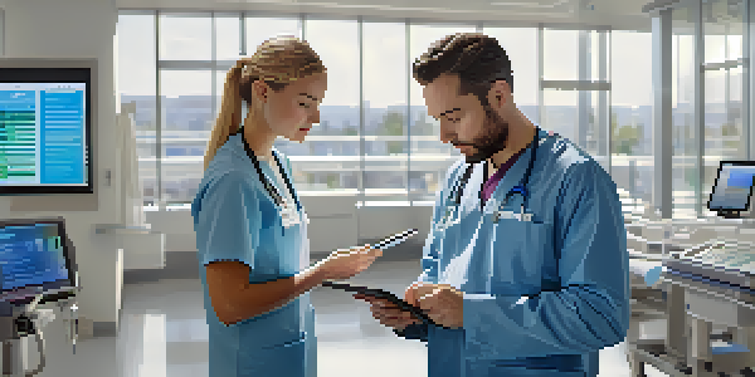 A healthcare worker looking at a tablet in a bright hospital room, with medical equipment around.