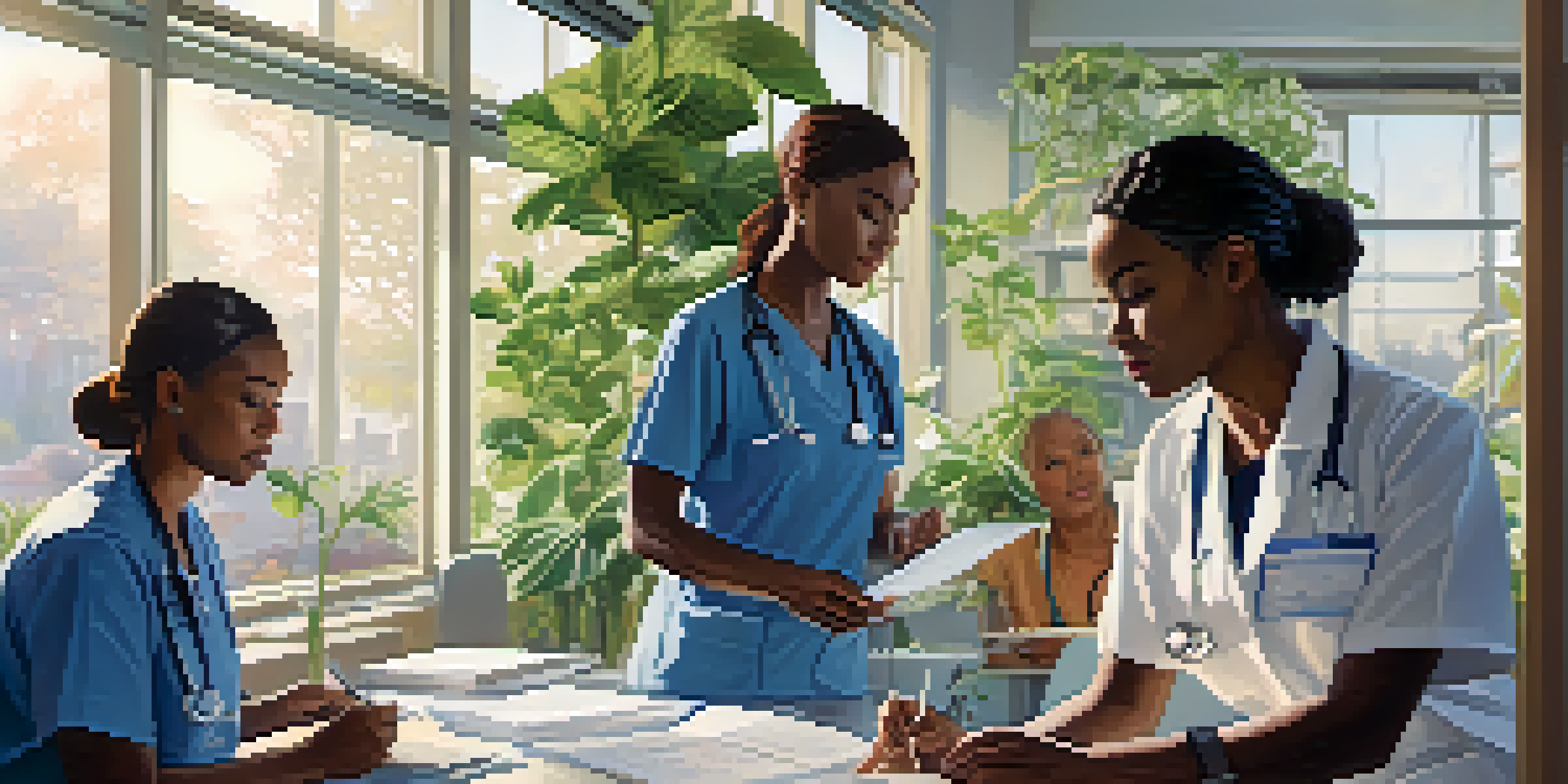 A group of healthcare workers collaborating in a bright clinic filled with plants and medical supplies.