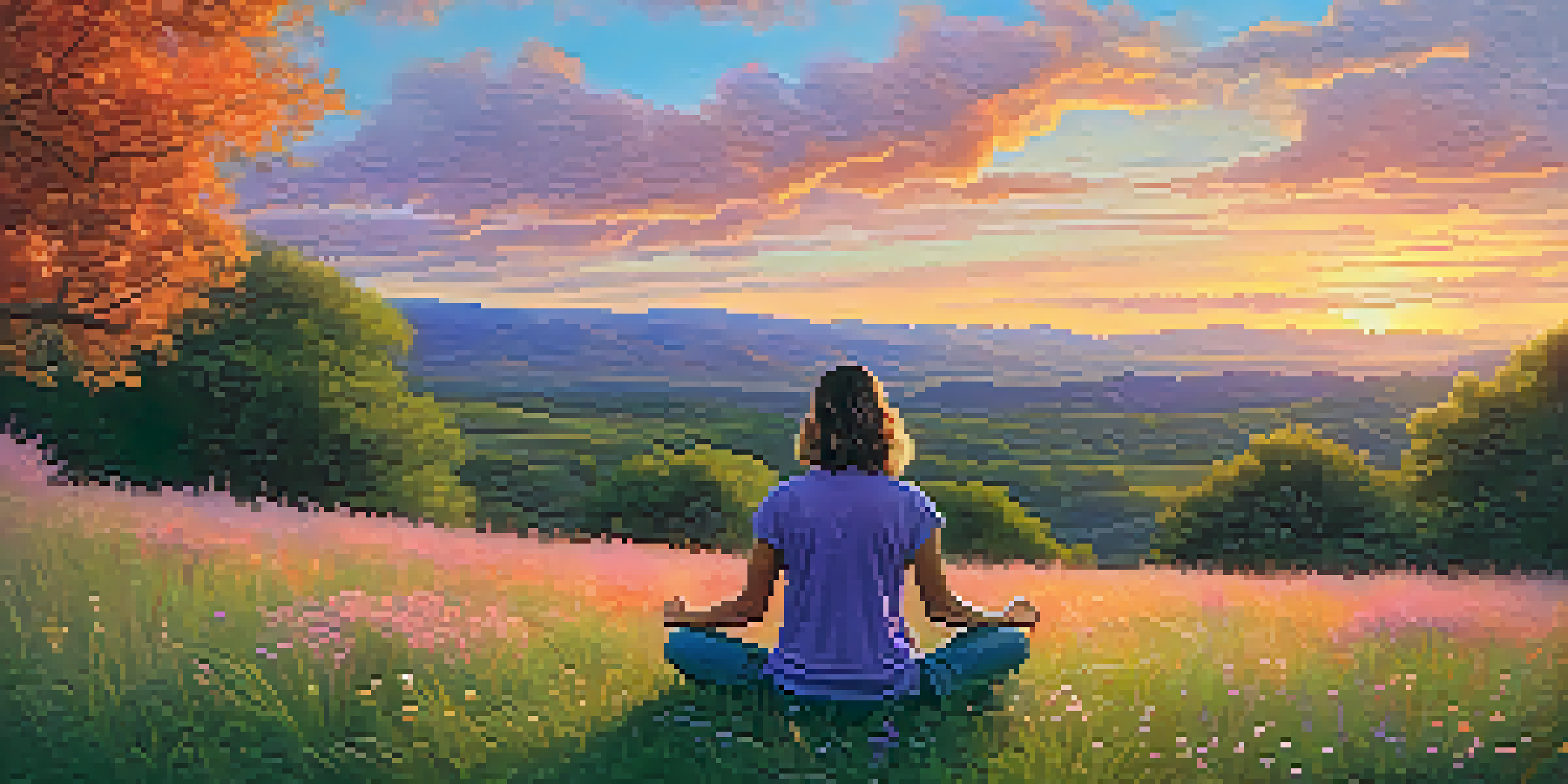 A person meditating on a grassy hill at sunset, surrounded by colorful wildflowers and rolling hills.