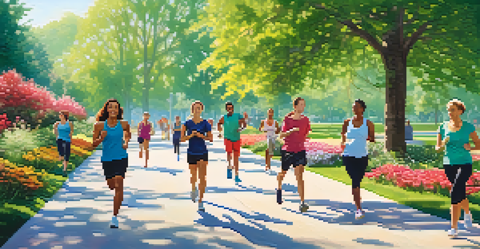 A diverse group of people engaging in healthy activities in a sunny park, surrounded by greenery and flowers.