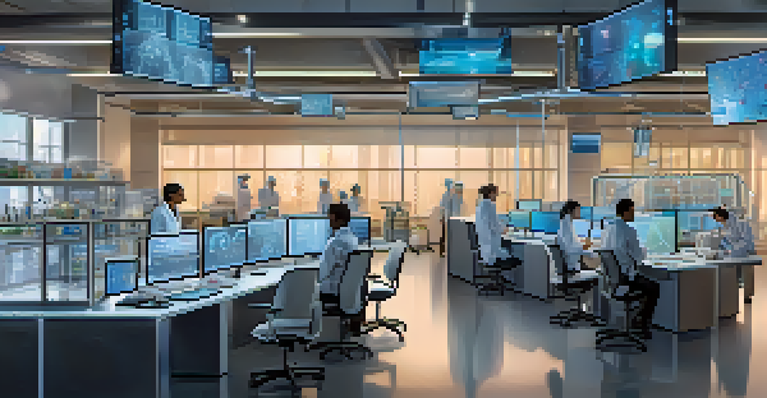 A futuristic laboratory with researchers using biostatistical software integrated with AI technology and advanced equipment.