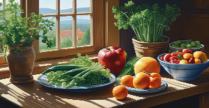 A cozy kitchen with a wooden table full of fresh vegetables, fruits, and grains, bathed in sunlight from a window.