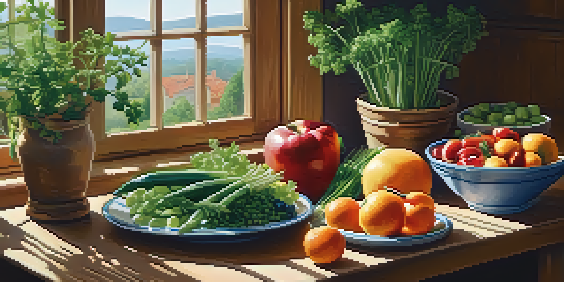 A cozy kitchen with a wooden table full of fresh vegetables, fruits, and grains, bathed in sunlight from a window.