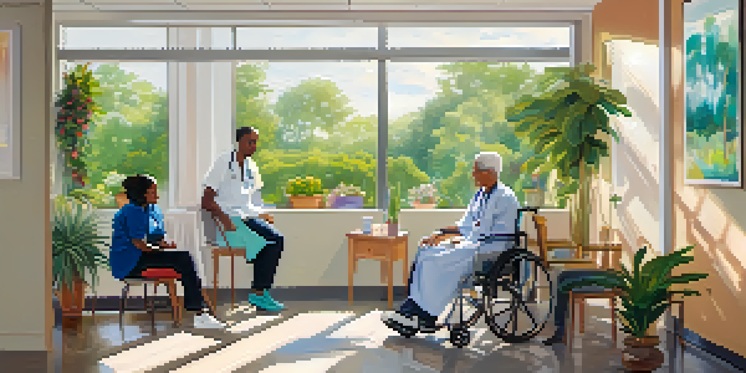 A hospital room filled with warm lighting, a patient in a chair with family members around, and a caregiver providing emotional support.