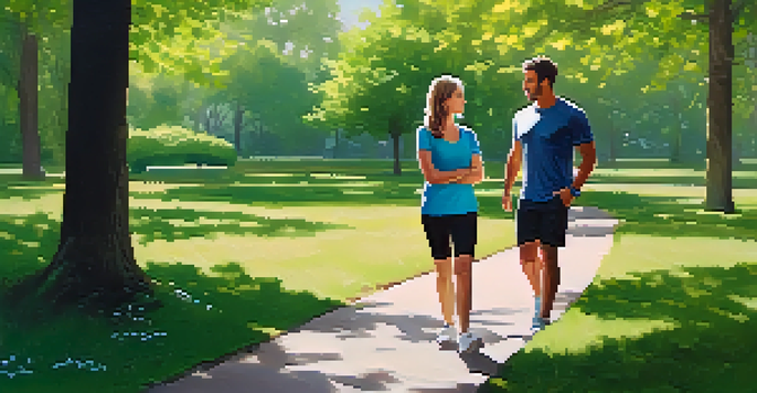 A health coach and a client walking together in a sunlit park, discussing goals with a notepad in hand.