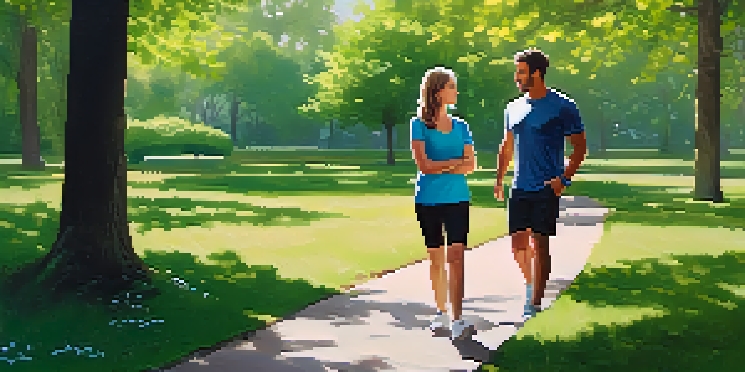 A health coach and a client walking together in a sunlit park, discussing goals with a notepad in hand.