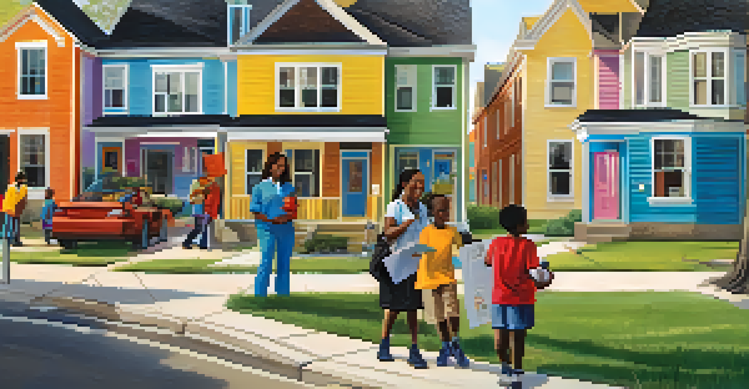 A group of diverse community health workers engaging with families in a neighborhood, providing health education materials.