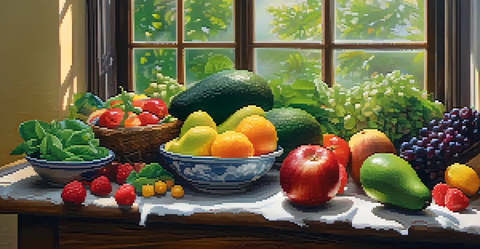 A colorful arrangement of fresh fruits and vegetables on a wooden table with sunlight illuminating the scene.