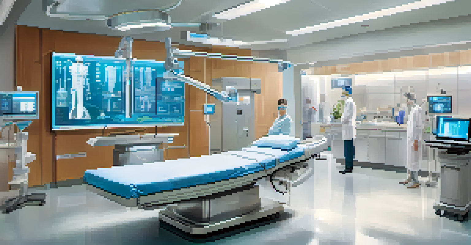 A modern hospital room with advanced robotic surgical tools and digital health monitors, illuminated by natural light with healthcare professionals at work.