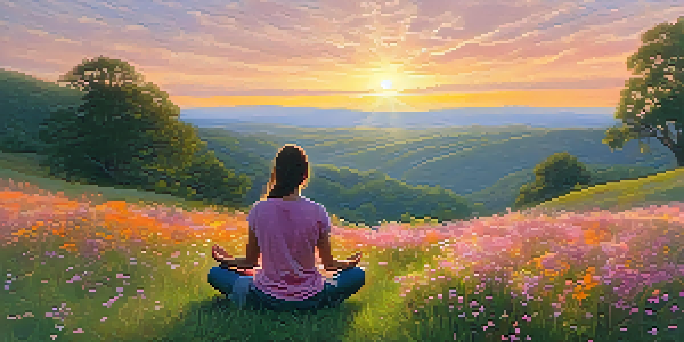 A person meditating on a grassy hill at sunset, surrounded by wildflowers, radiating calmness and serenity.
