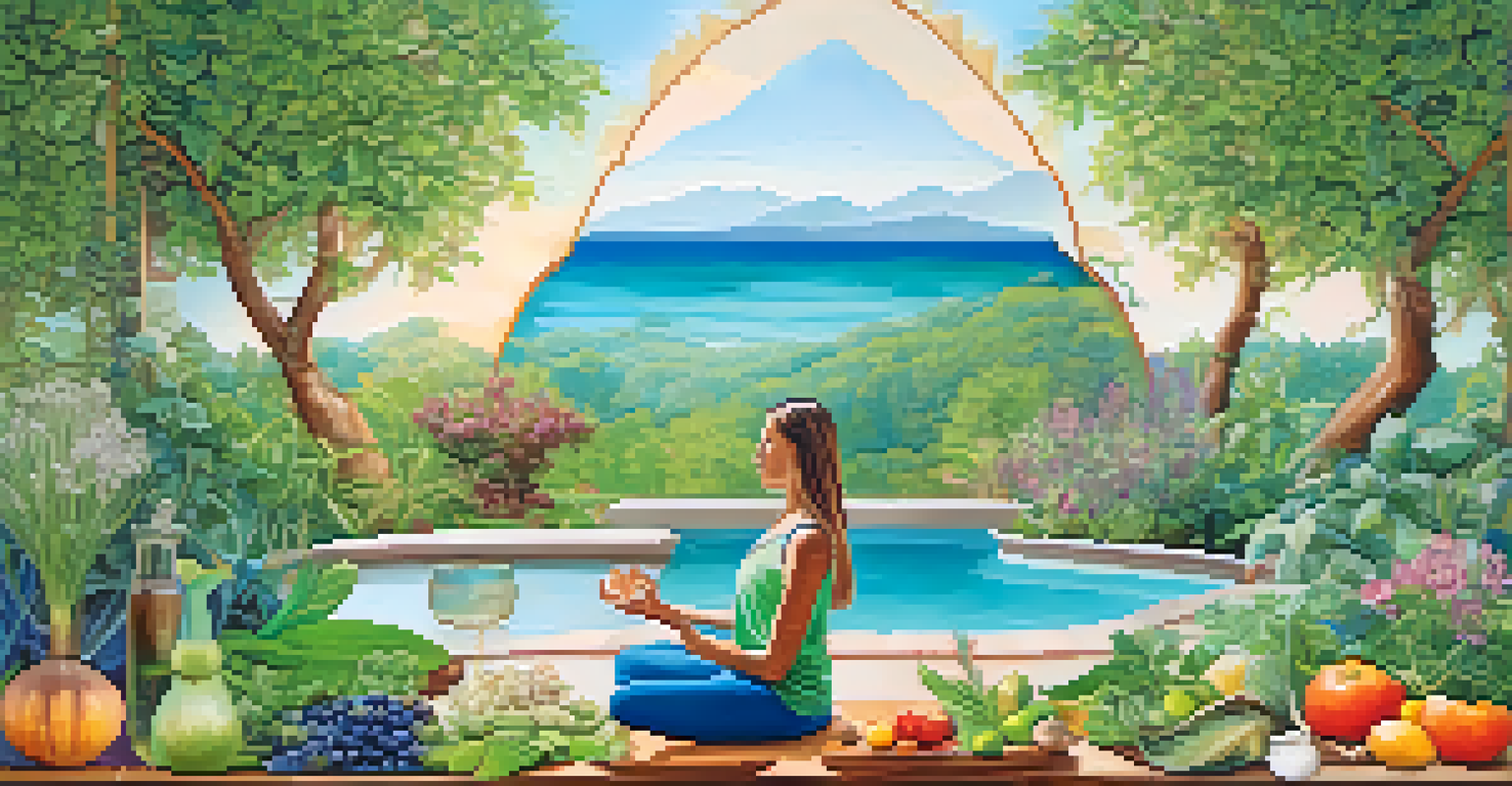 A colorful collage representing holistic wellness with images of healthy food, meditation, and outdoor exercise, surrounded by floral patterns.
