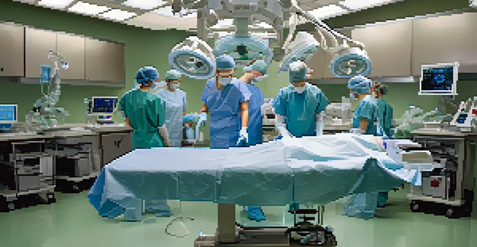 A medical simulation room with a lifelike mannequin on an operating table and healthcare professionals in scrubs performing a surgical procedure.