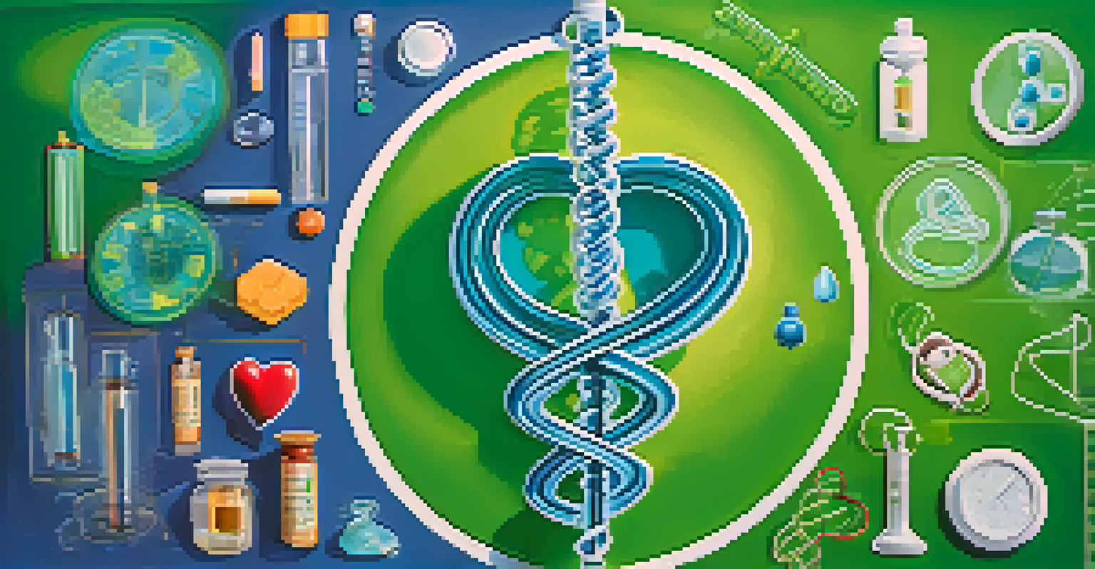 A DNA double helix surrounded by medical icons on a gradient background representing personalized medicine.