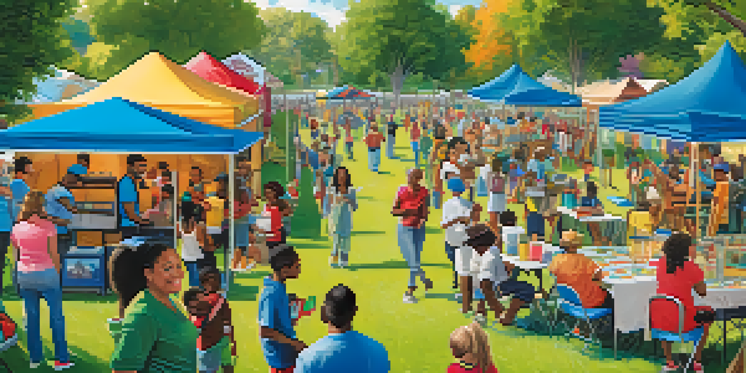A vibrant community health fair in a park with diverse groups of people engaging in health education activities, colorful booths, and families participating in fun activities.