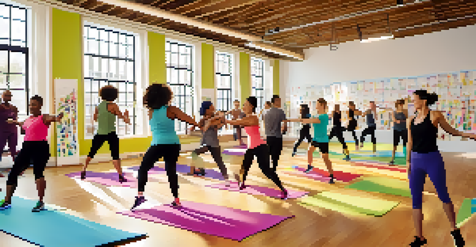 A diverse group of people participating in a lively dance fitness class in a bright studio.