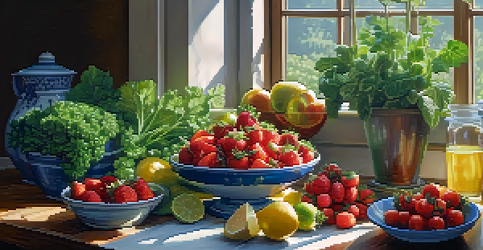 A colorful plate of fresh fruits and vegetables on a wooden table, with sunlight illuminating the scene.