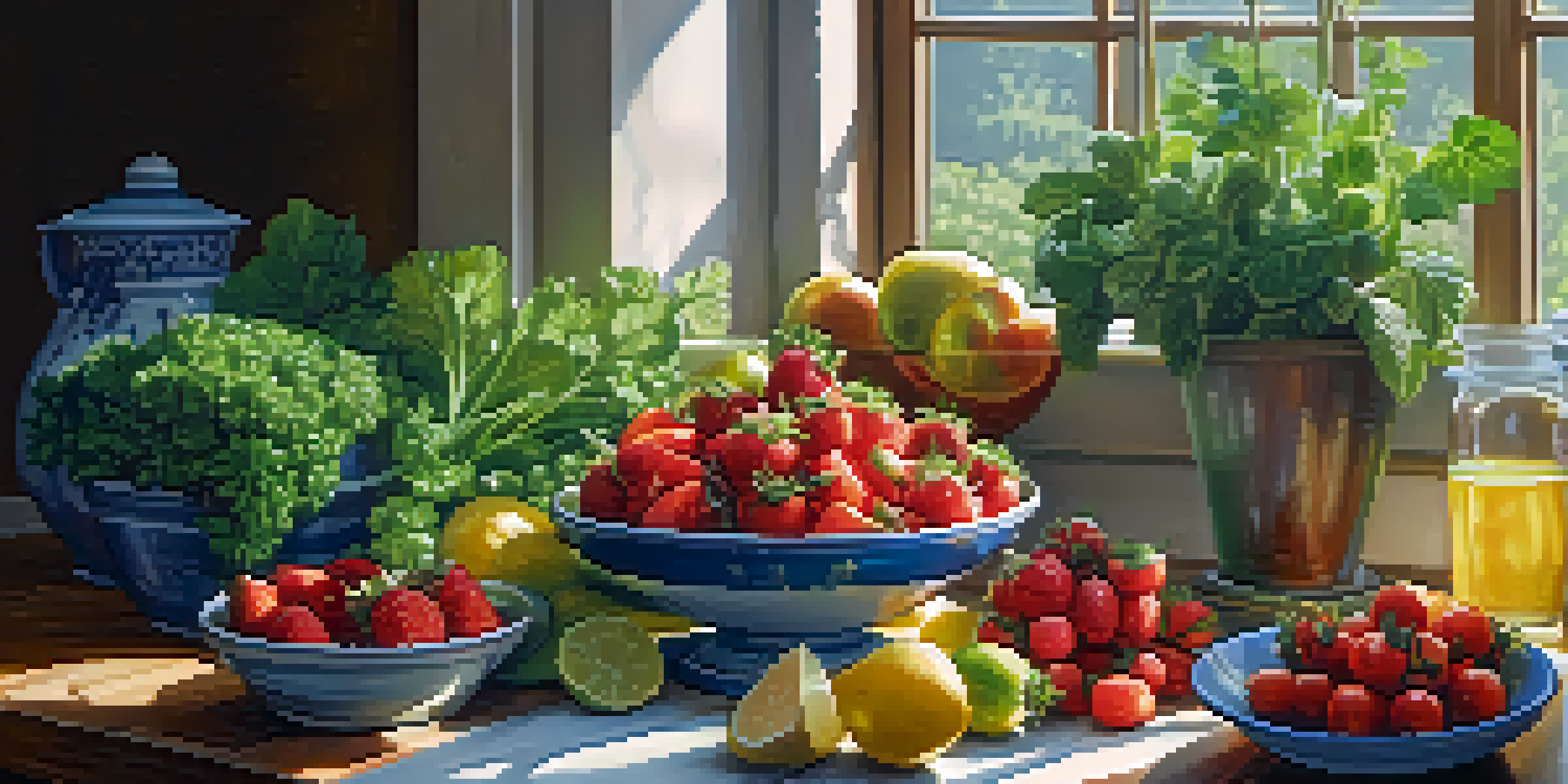 A colorful plate of fresh fruits and vegetables on a wooden table, with sunlight illuminating the scene.