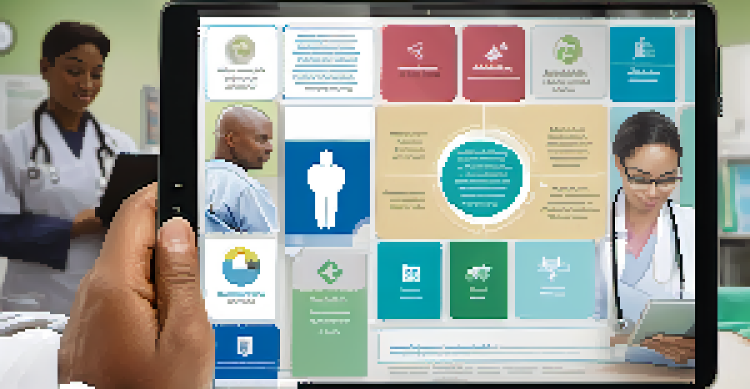 A healthcare professional using a tablet to review health resources in a clinic setting, with a poster about cultural competence in the background.