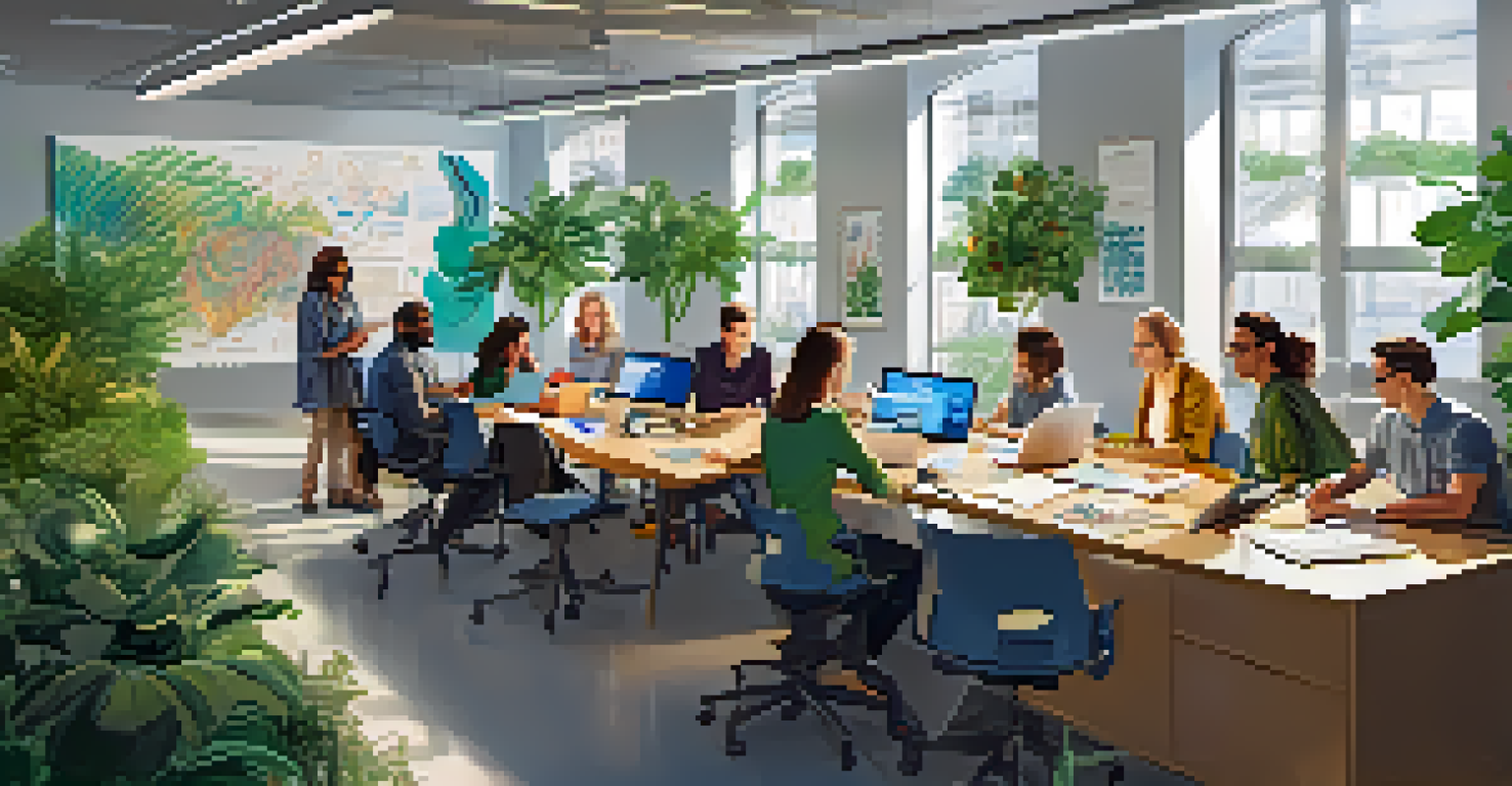 A diverse group of researchers collaborating in a bright office space filled with documents and laptops.