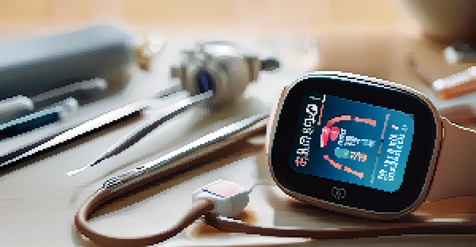 Close-up of a smartwatch showing vital signs, surrounded by medical tools like a stethoscope and a first aid kit, illuminated by soft natural light.