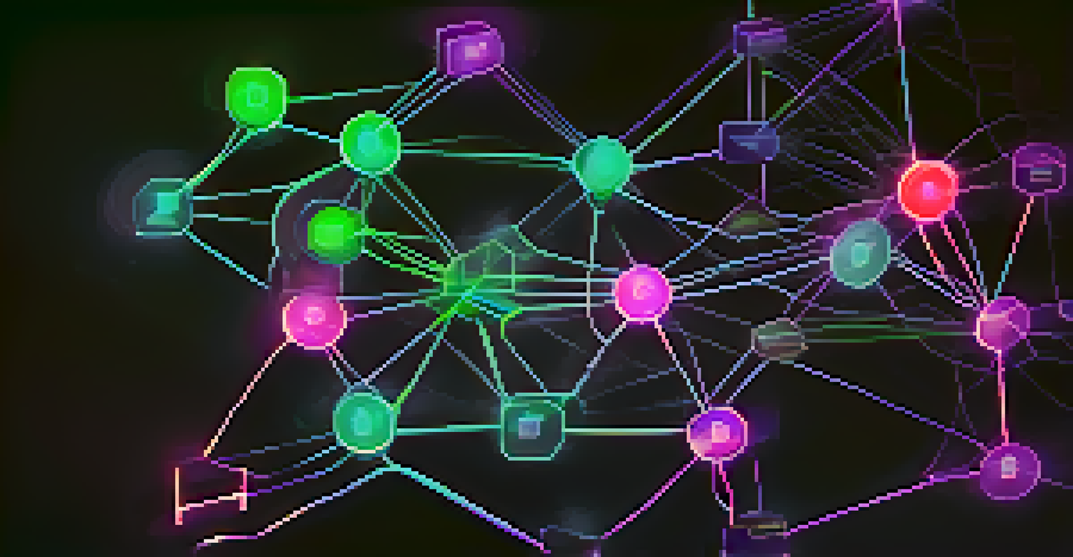A visual representation of a blockchain network with glowing interconnected nodes symbolizing healthcare data security and transparency.