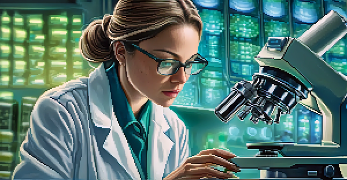 A middle-aged woman researcher examining DNA strands under a microscope in a softly illuminated laboratory.