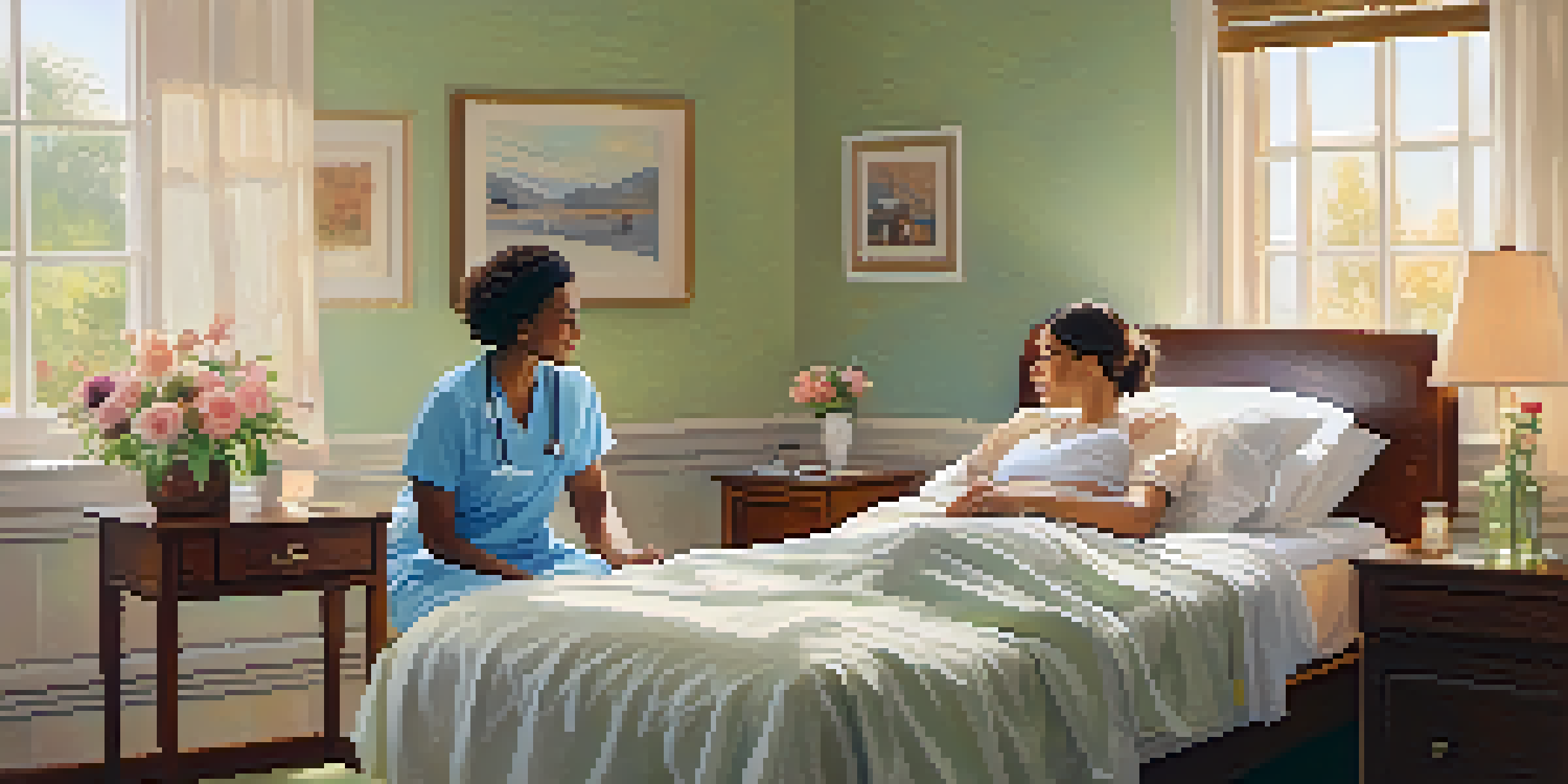 A patient in a hospital bed with family members conversing in a warm hospital room filled with soft sunlight and pastel colors.