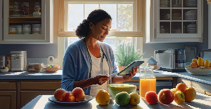 A middle-aged woman monitoring her blood sugar levels in a sunlit kitchen, with fresh fruits and healthy food prep around her.