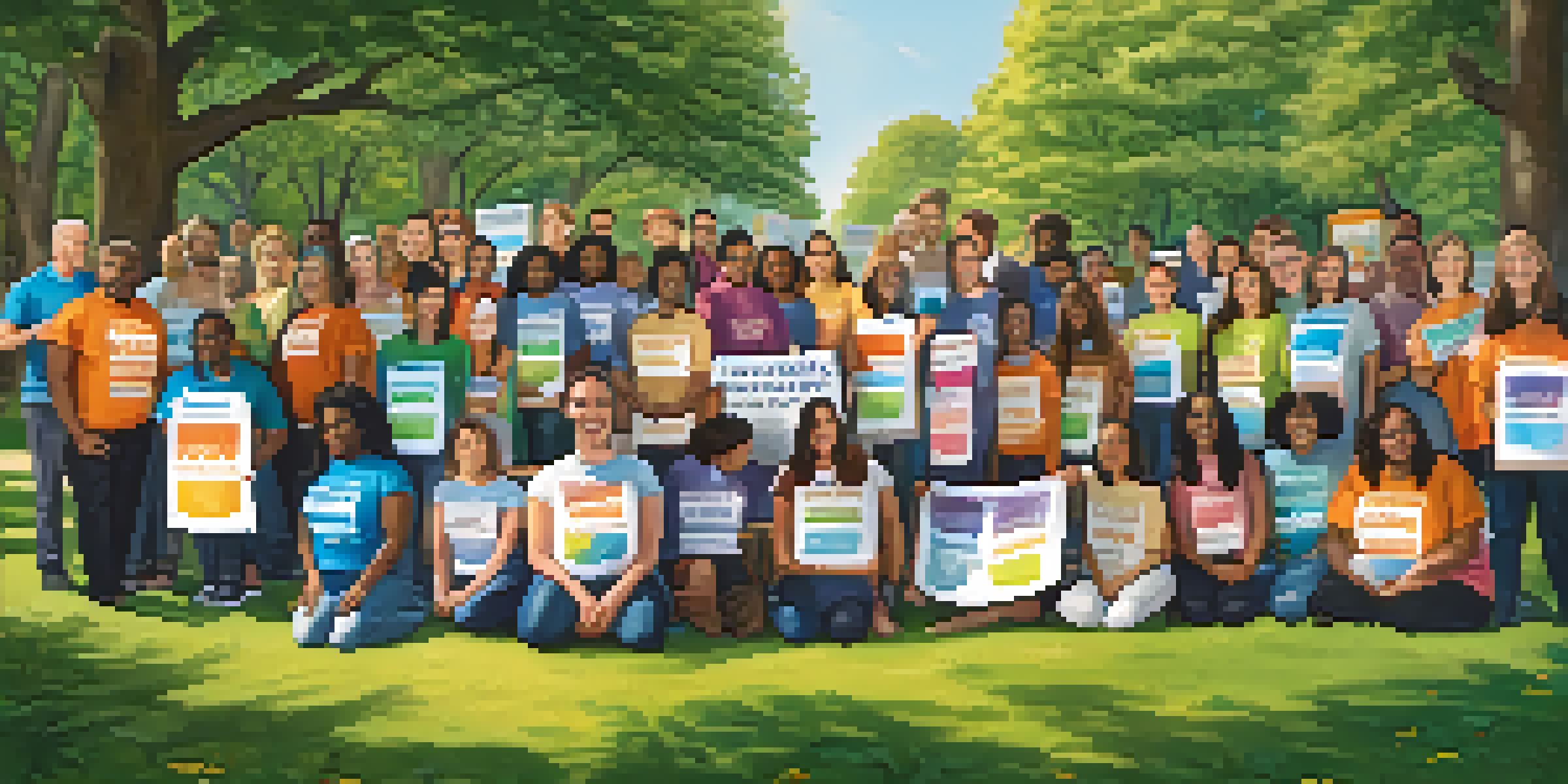 A diverse group of patient advocates holding banners in a park, promoting awareness for rare diseases.