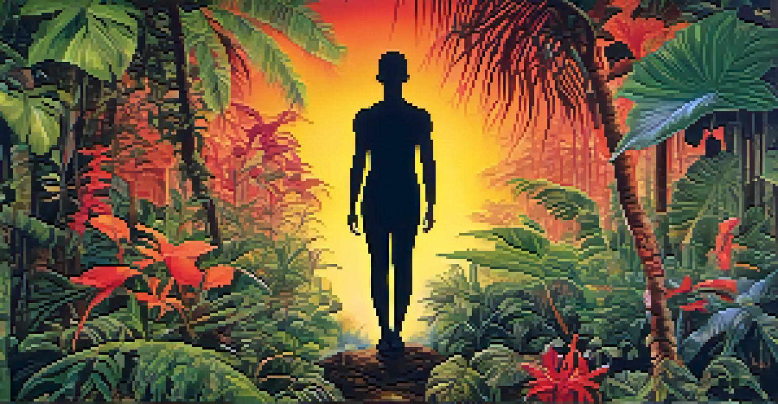 A human silhouette in a tropical setting, surrounded by abstract representations of filarial infections.
