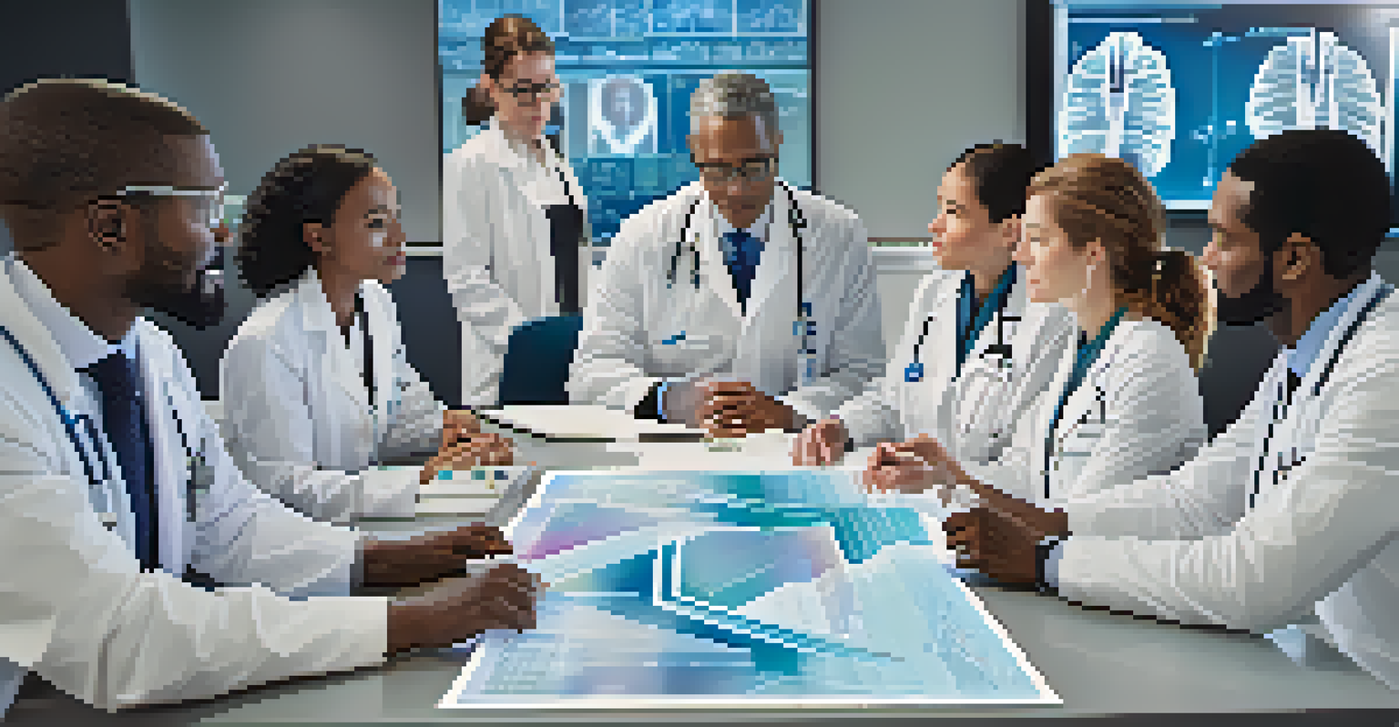 A diverse group of healthcare professionals discussing genomic data in a bright conference room.