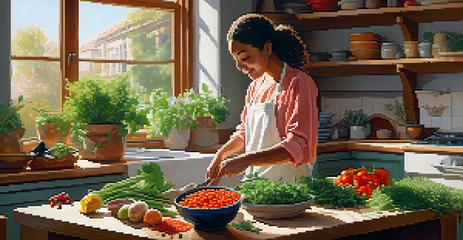 A person preparing a plant-based dish in a bright kitchen, surrounded by fresh vegetables and herbs.