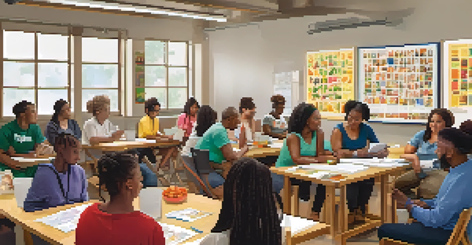 A diverse group of individuals participating in a health literacy workshop, with colorful posters and visual aids around them.